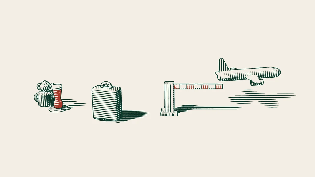 A closed barrier in front of an aeroplane, with a suitcase left standing on the near side of the barrier.