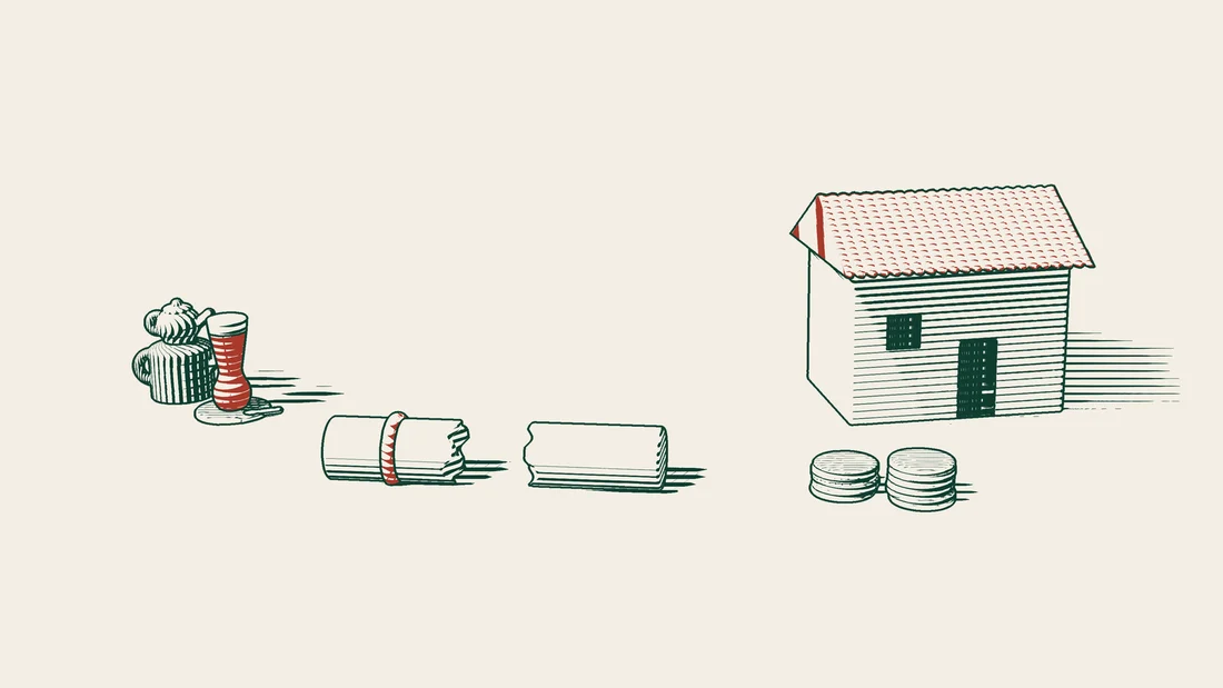 A ribbon-tied preliminary contract torn down the middle, with stacks of coins and a house beside it.