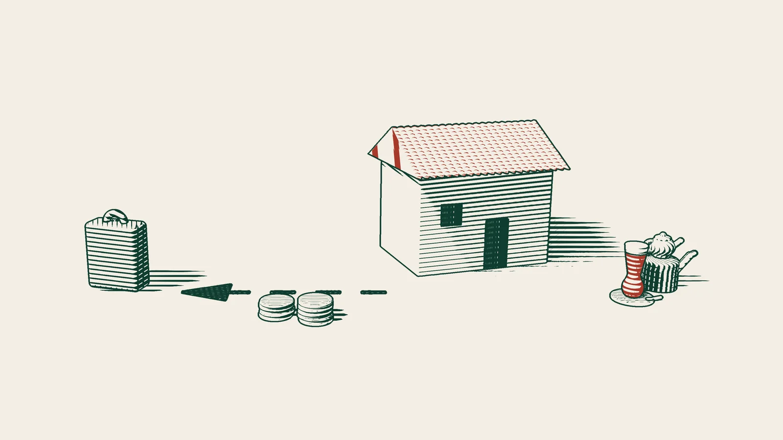 Engraving: stacks of coins travelling along an arrowed path from a tile-roofed house back to a suitcase, with a Turkish tea set beside them.
