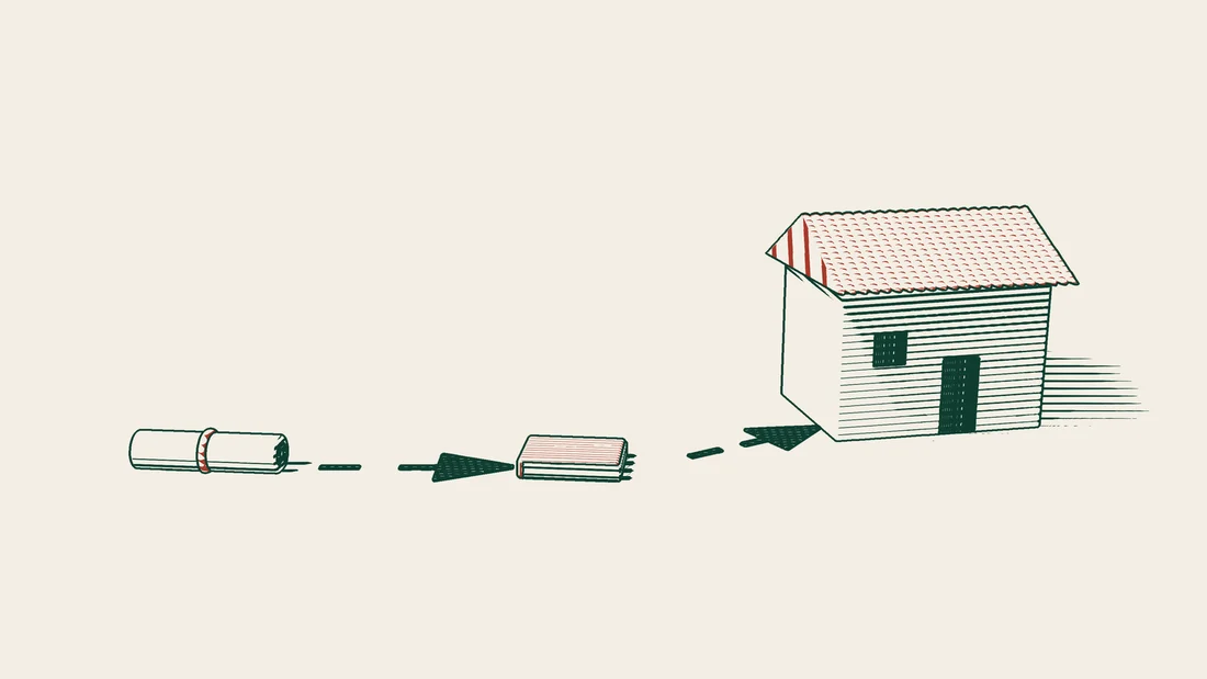 A ribboned contract scroll with a dashed arrow to a flat red book, and a second arrow from the book to a tiled-roof house.