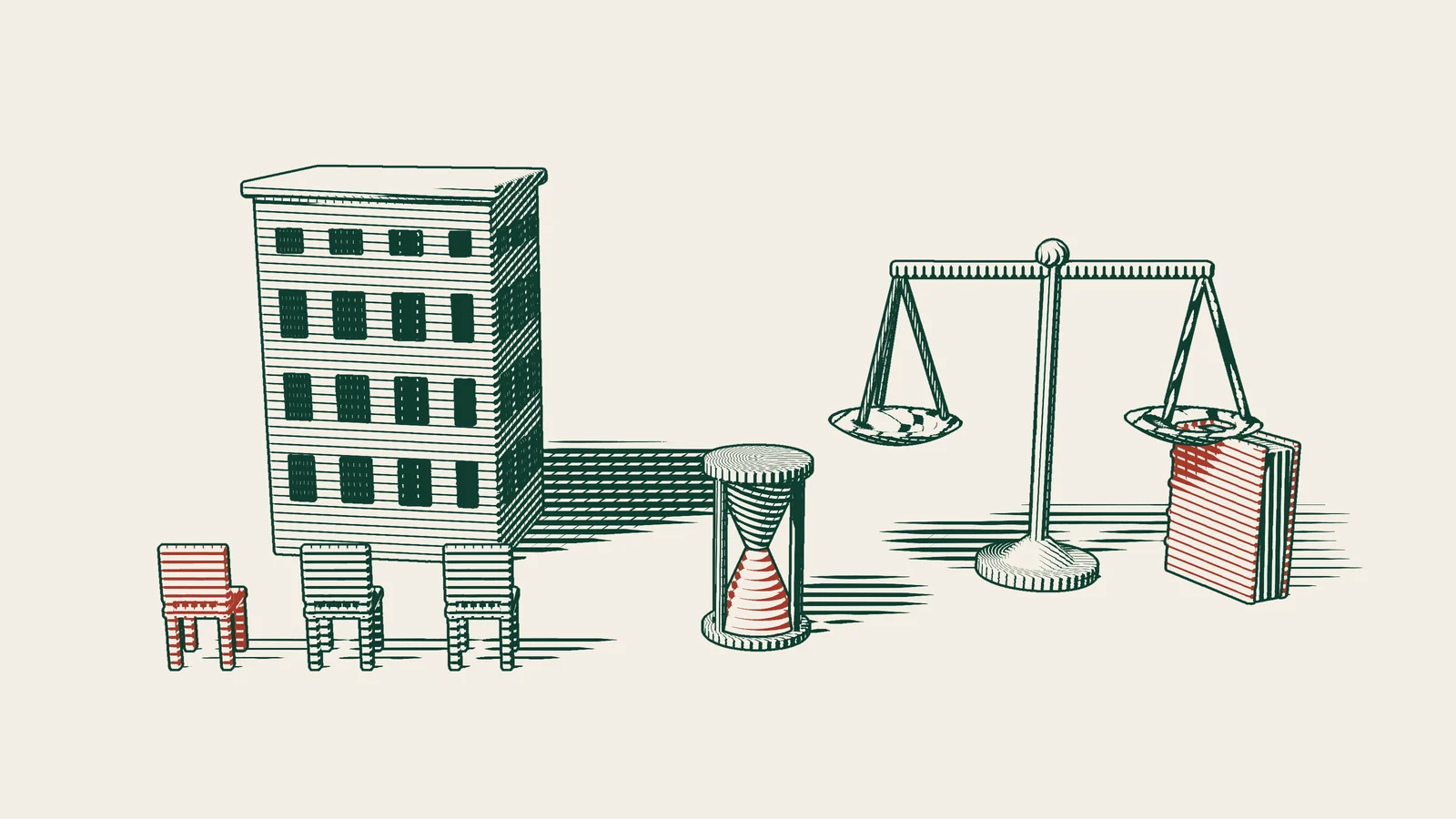 Engraving: a multi-storey building with three chairs in front of it, one of them red, an hourglass, and scales beside a red-bound book.