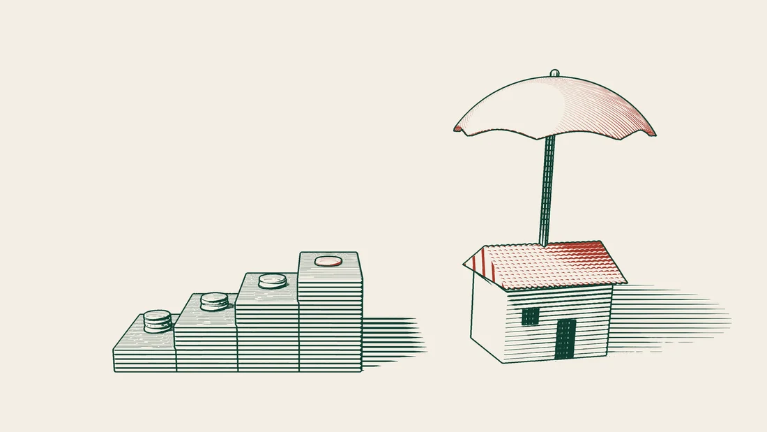 Money towers shrink along a flight of steps, the last one red, while a separate house sheltered by an umbrella stands apart on the right.