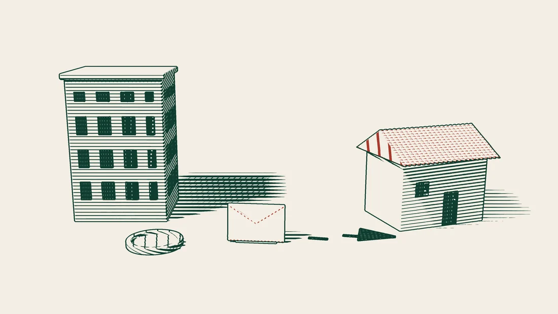 A red envelope travels on an arrowed path from a company building with an empty tray to the director's house.