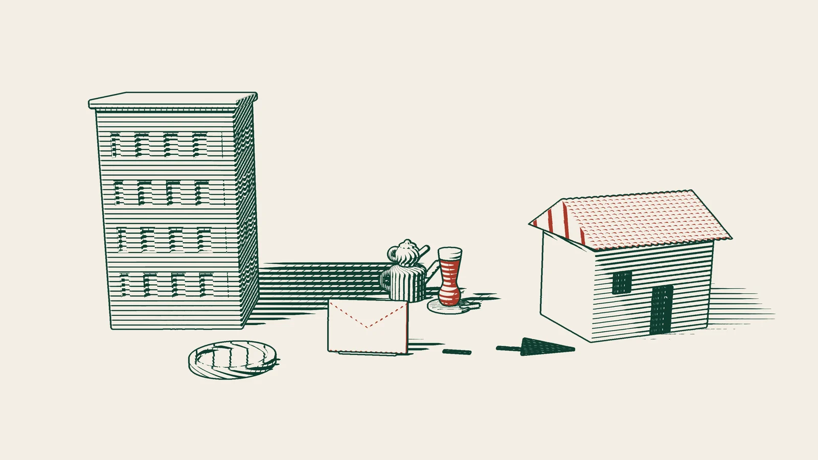 Engraving: an empty tray in front of a company building, a red envelope travelling along an arrowed path to a house, and a Turkish tea set.