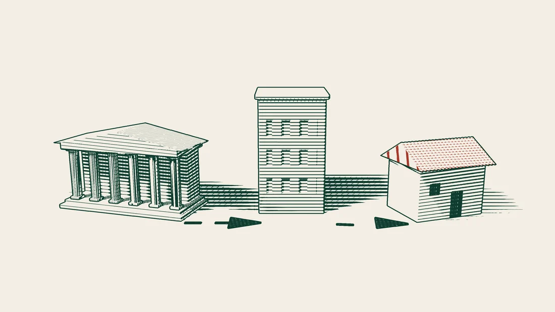 An arrowed path leads from a columned public building first to a company building and then on to a house.