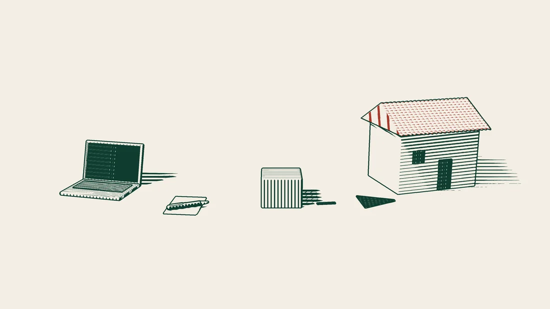 A laptop with a dark screen beside a blank checklist and a pen, while a parcel follows an arrowed path to a buyer's house.