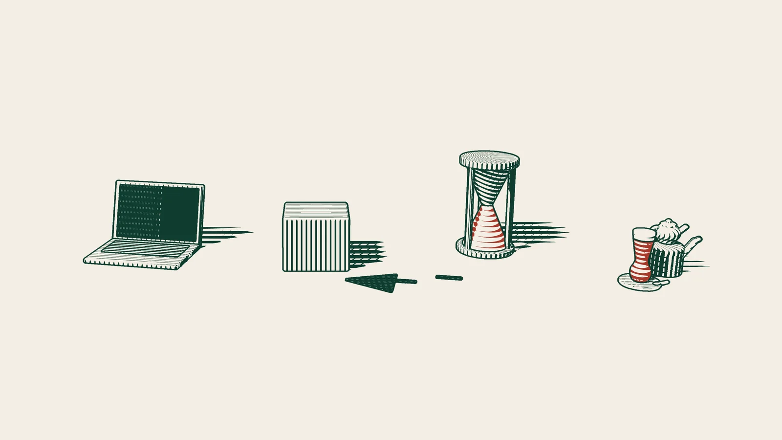 Engraving: a laptop with its screen switched off, a parcel on an arrowed path leading back to the seller, an hourglass and a Turkish tea set.