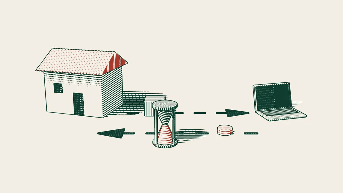 A parcel travels from a house to a laptop, while money returns to the house along an arrowed path under an hourglass.