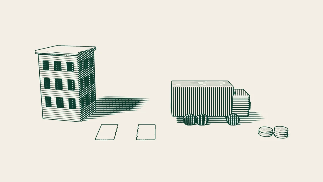 A delivery lorry drives away from a supplier's building, with a contract torn in two between them and stacks of coins ahead.