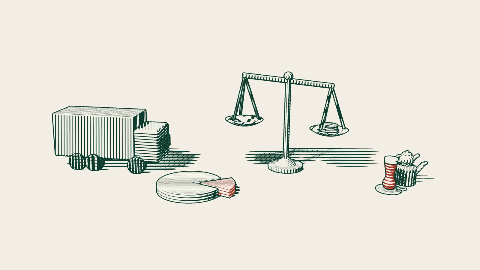 Engraving: a distributor's lorry loaded with crates, a segmented disc in front of it, a pair of scales and stacks of coins.