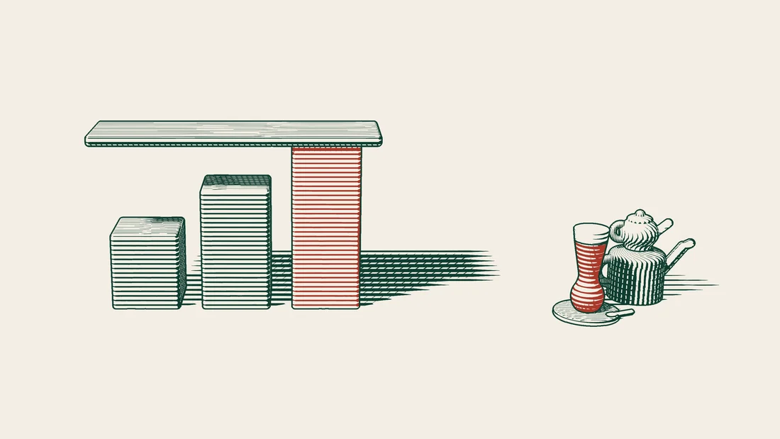 A row of rising columns beneath a horizontal bar, with the tallest column, drawn in red, reaching the bar.