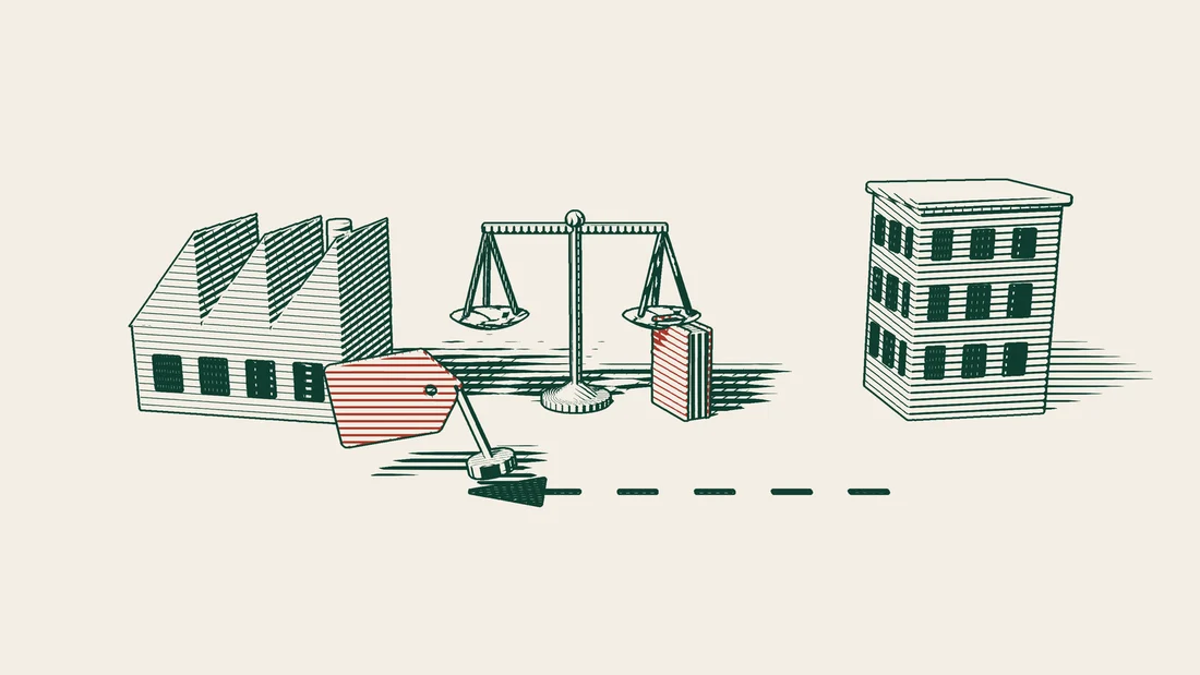 A dashed arrow runs from an office building on the right past scales and a red-bound book to a red label beside a factory.