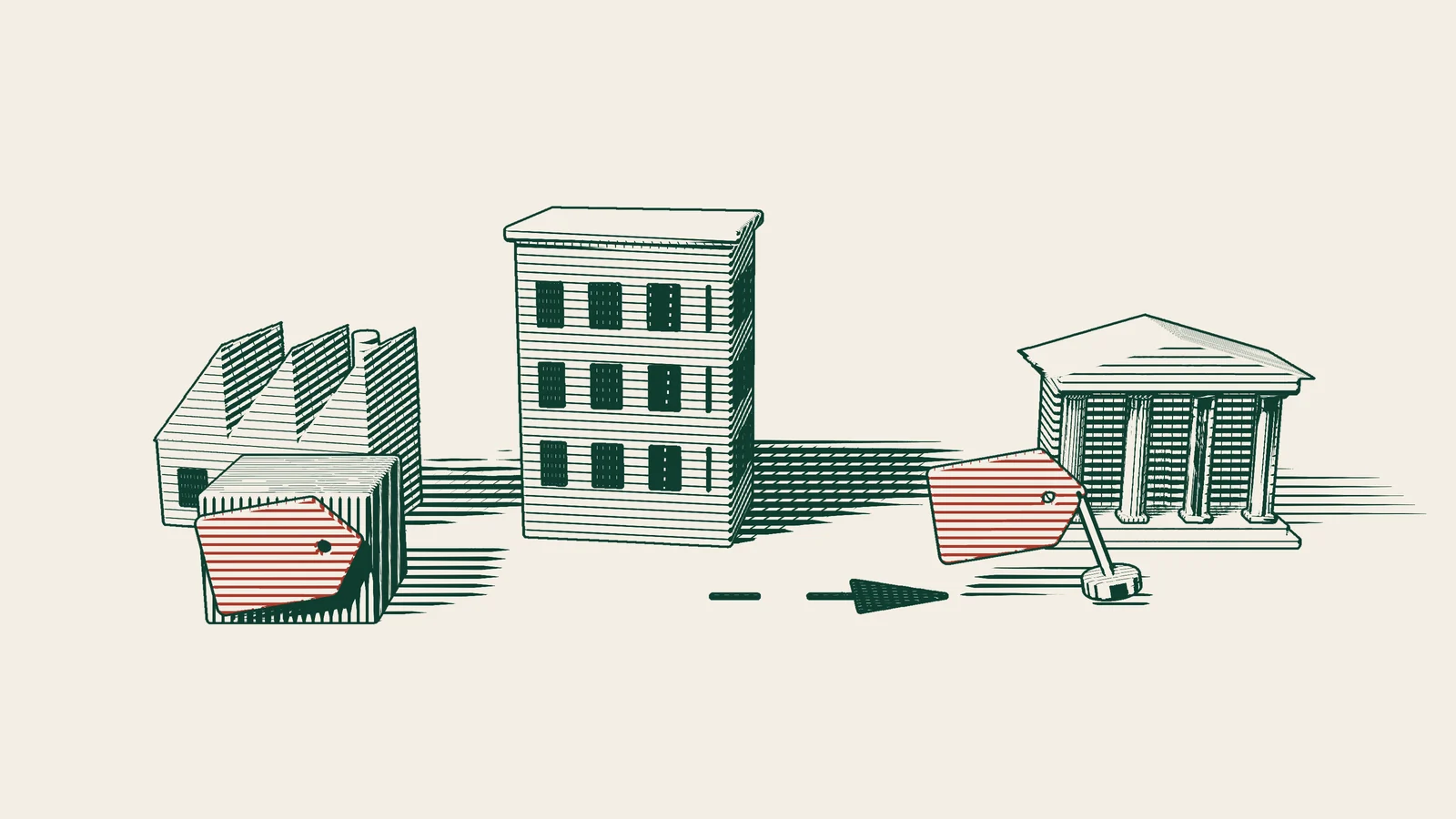 Engraving: a carton with a red label sits at a factory, and an arrowed path from a distributor's building ends at the same red label beside a columned building.