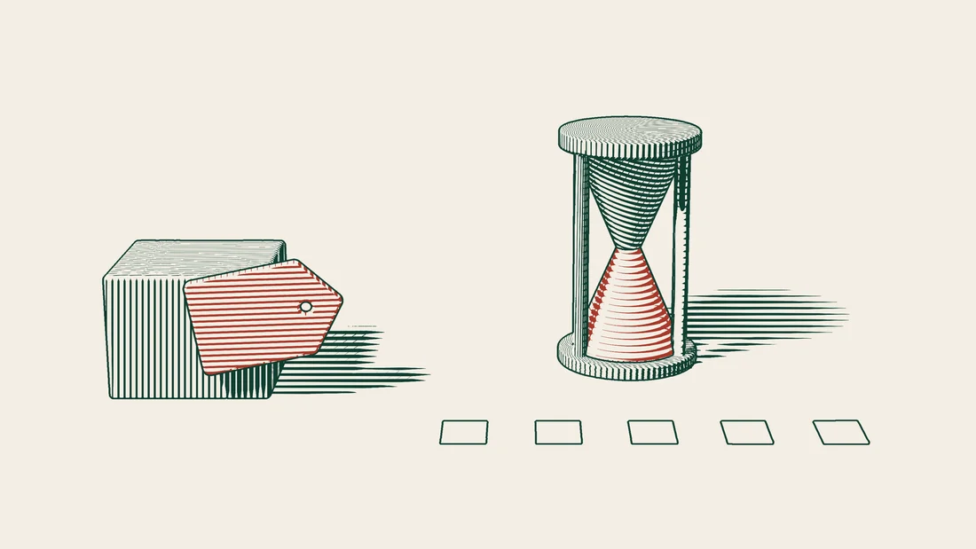 A product box with a red brand label stands beside an hourglass, with small blank leaves lying at its base.