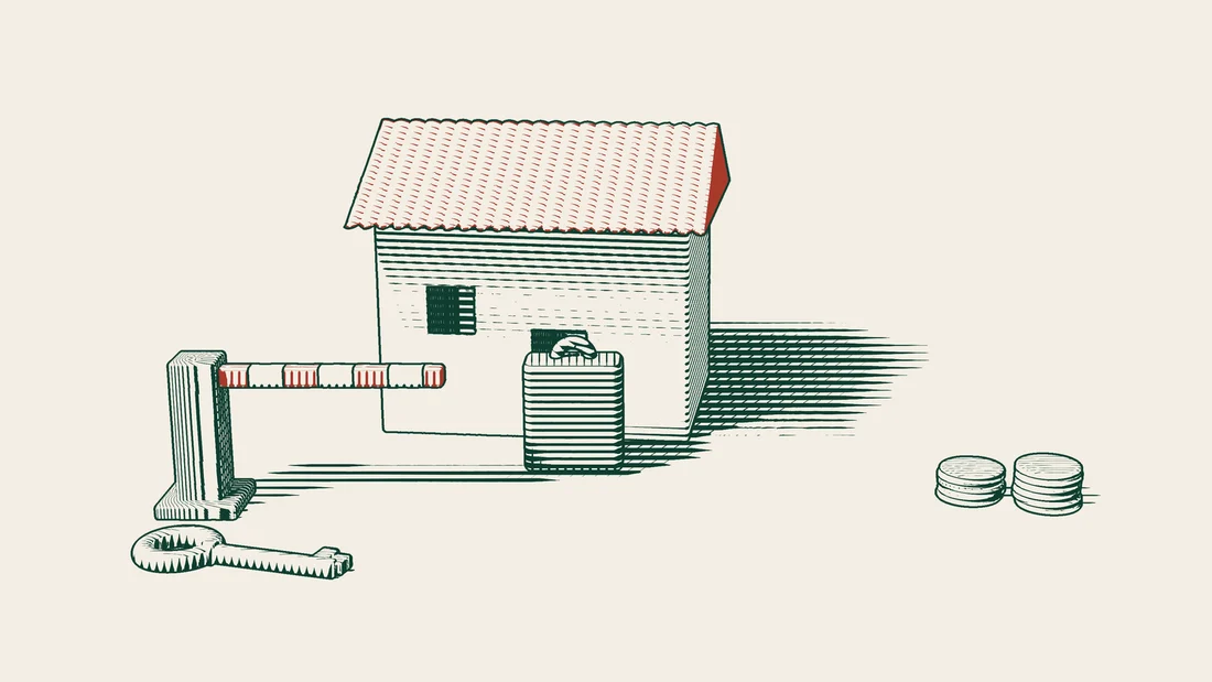 A stranger's suitcase at the door of a tiled-roof house, a closed barrier and a dropped key in front, and stacks of coins beside the barrier.