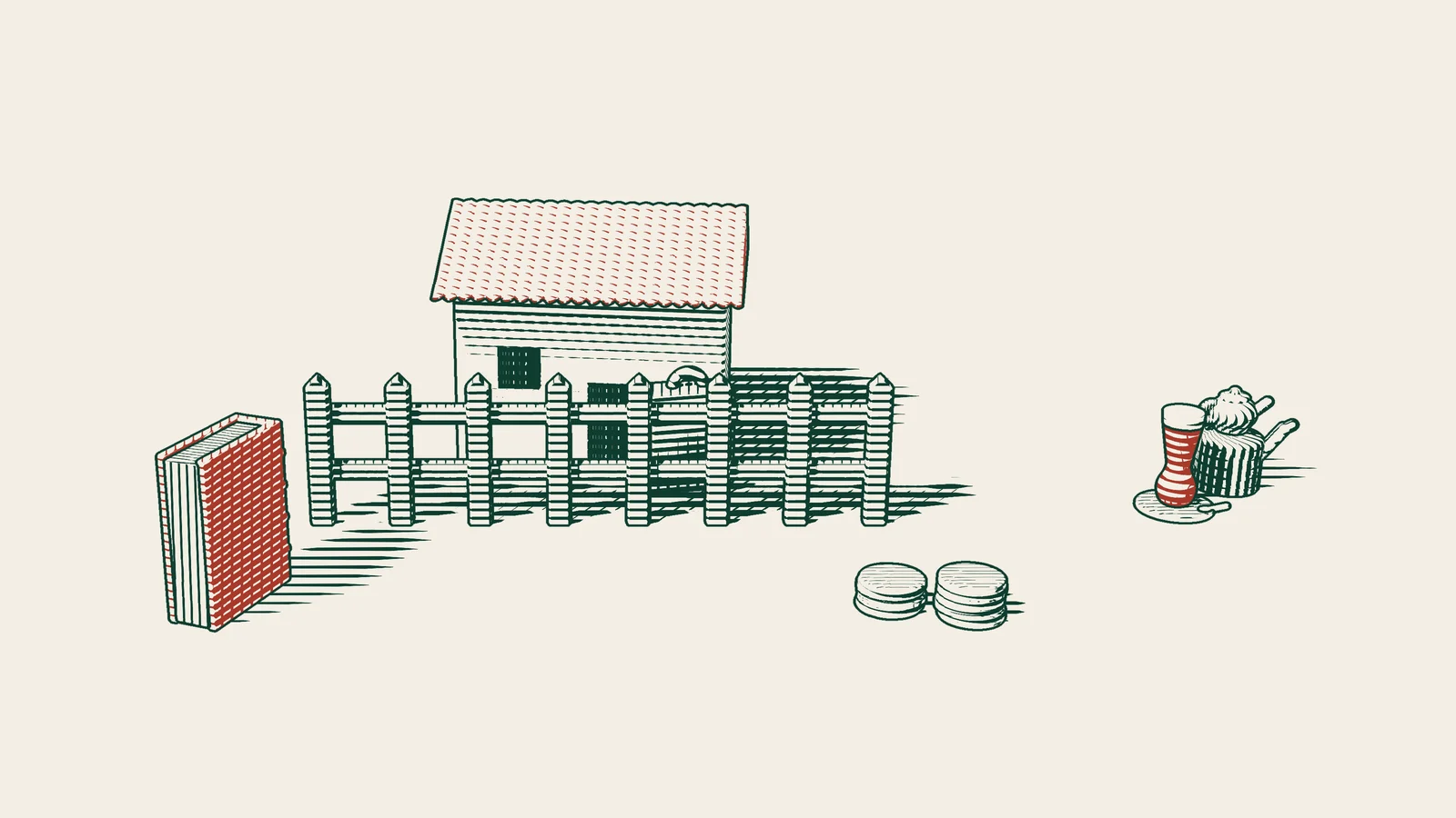 Engraving: a stranger's suitcase in the garden of a fenced house, a red-bound book and stacks of coins outside the fence, and a Turkish tea set.