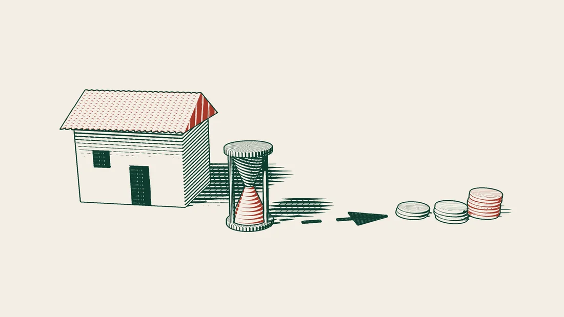 A tile-roofed house stands beside an hourglass, and an arrowed path leads to stacks of coins that grow taller along the way.