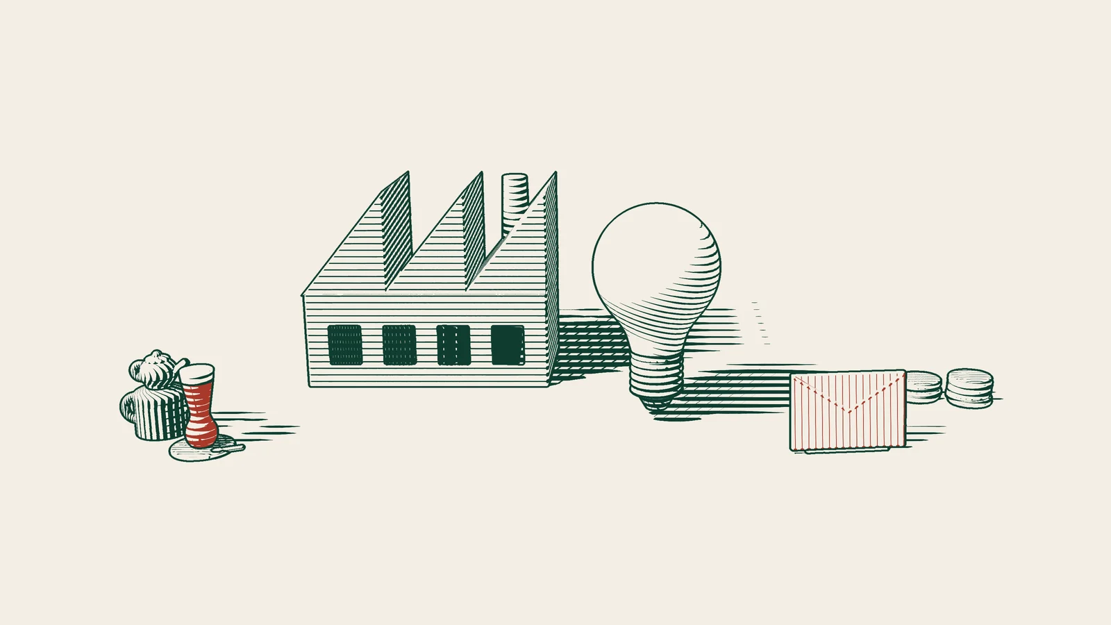 Engraving: a large light bulb in front of a factory, with a red envelope, stacks of coins and a Turkish tea set beside it.