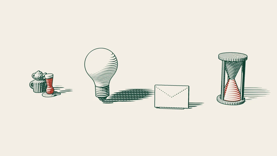 A light bulb with an envelope and an hourglass beside it, drawn in green lines on cream paper.