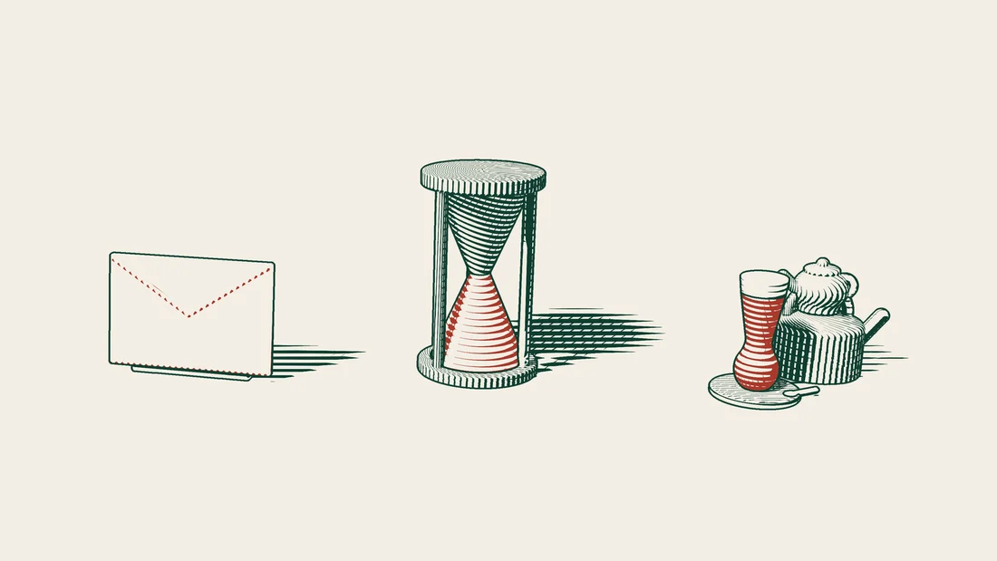 A red envelope and an hourglass stand side by side, with a Turkish tea set to the right.