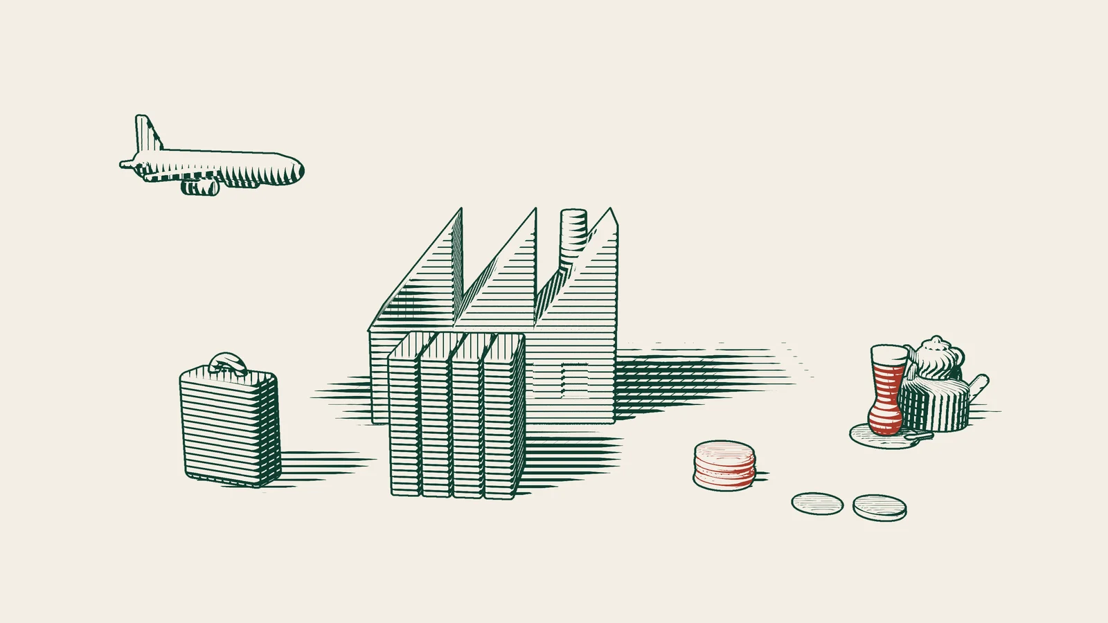 Engraving: a plane flies towards a factory where a suitcase has arrived, with a row of binders and coins spilled from a red stack, and a Turkish tea set.