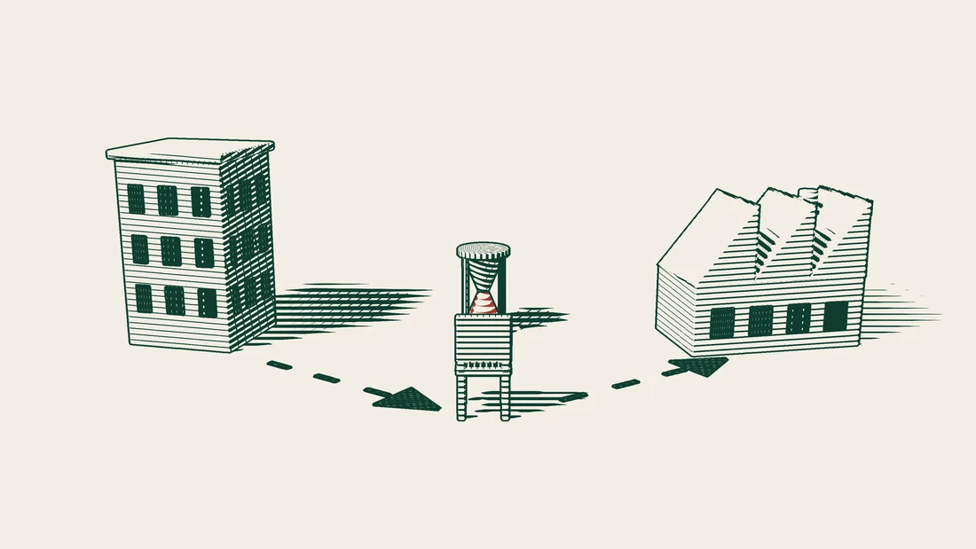 A company building on the left, a dashed arrow to a stool with an hourglass on it, and a second arrow to a factory on the right.