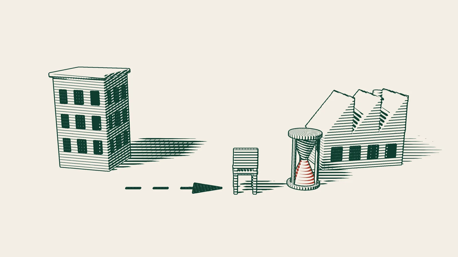 Engraving: an arrow path runs from an intermediary company building to a factory, ending in a chair and an hourglass.