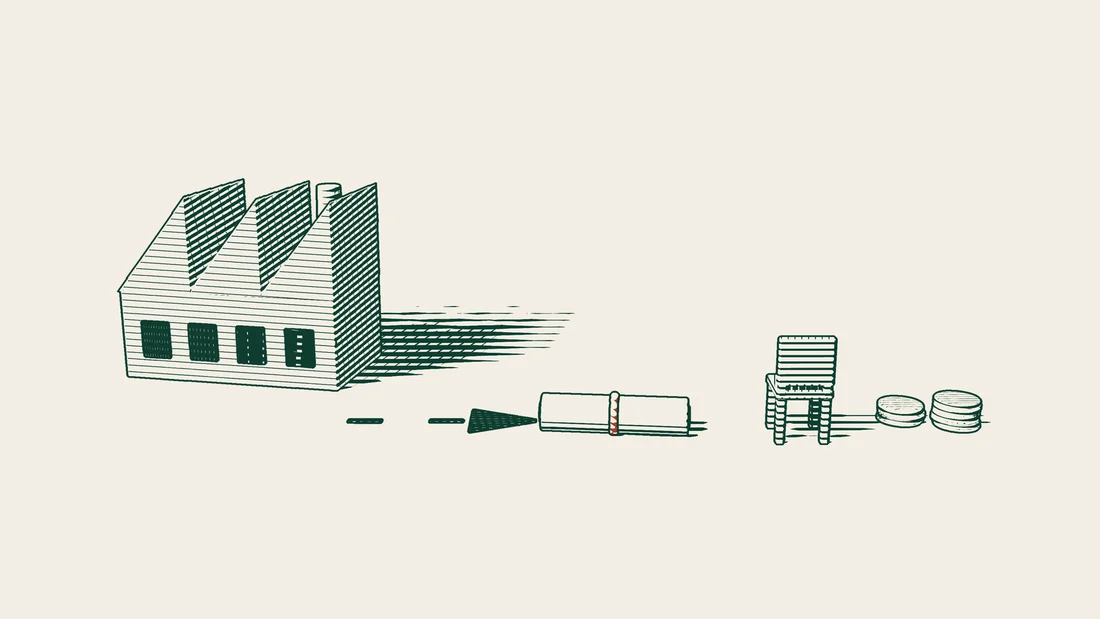 An arrowed path leads from a factory to a ribboned employment contract, with an empty chair and stacks of coins behind the contract.