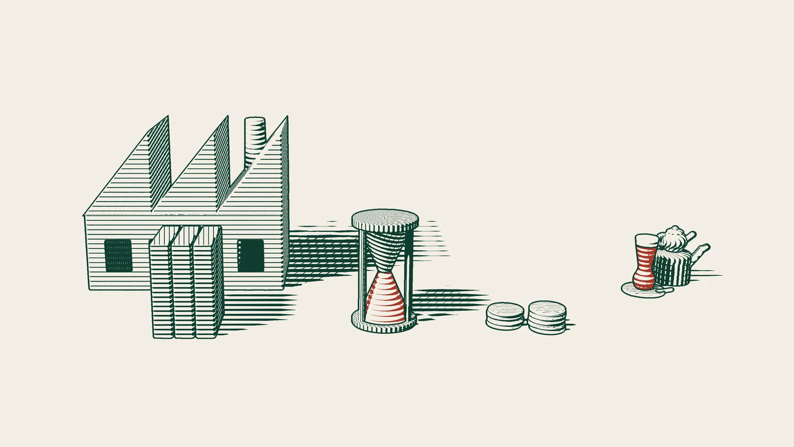 Engraving: file folders, an hourglass and stacks of coins in front of a factory, with a Turkish tea set to one side.