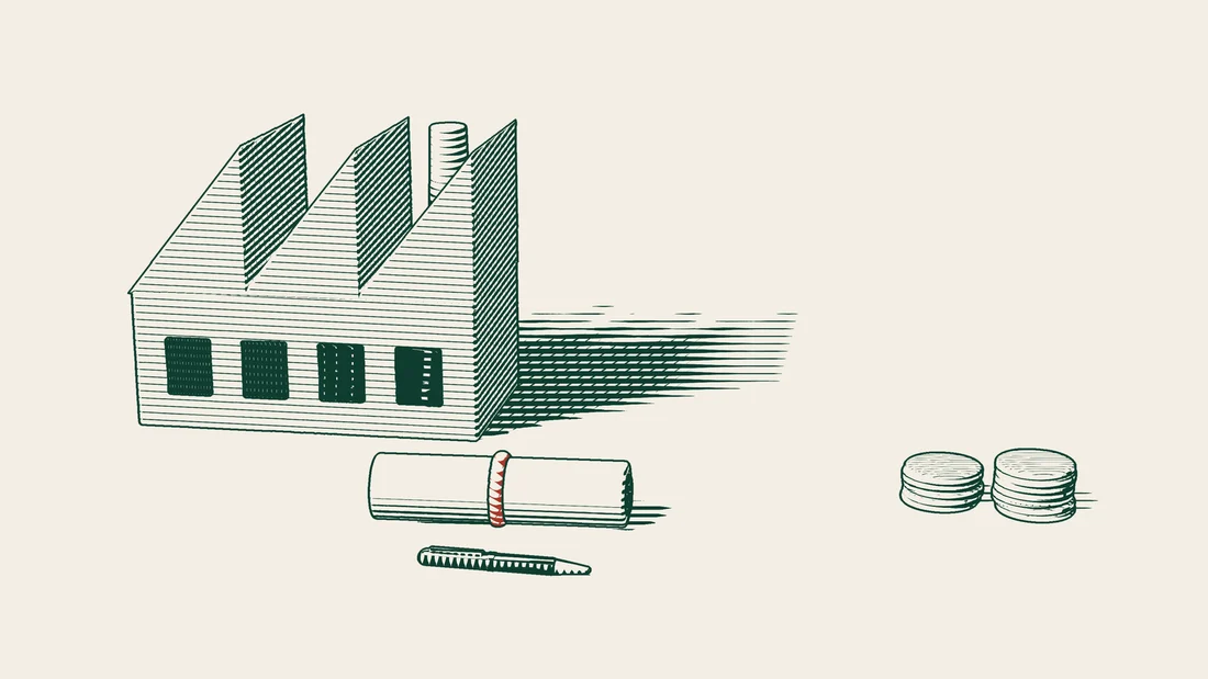 A rolled employment contract tied with a ribbon and a fountain pen in front of a factory, beside stacks of coins standing for wages.