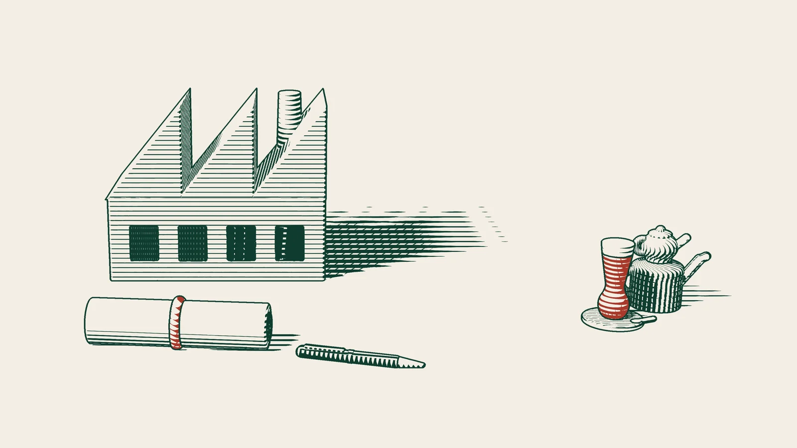 Engraving: a ribbon-tied employment contract scroll and a fountain pen, with a factory behind them and a Turkish tea set to one side.