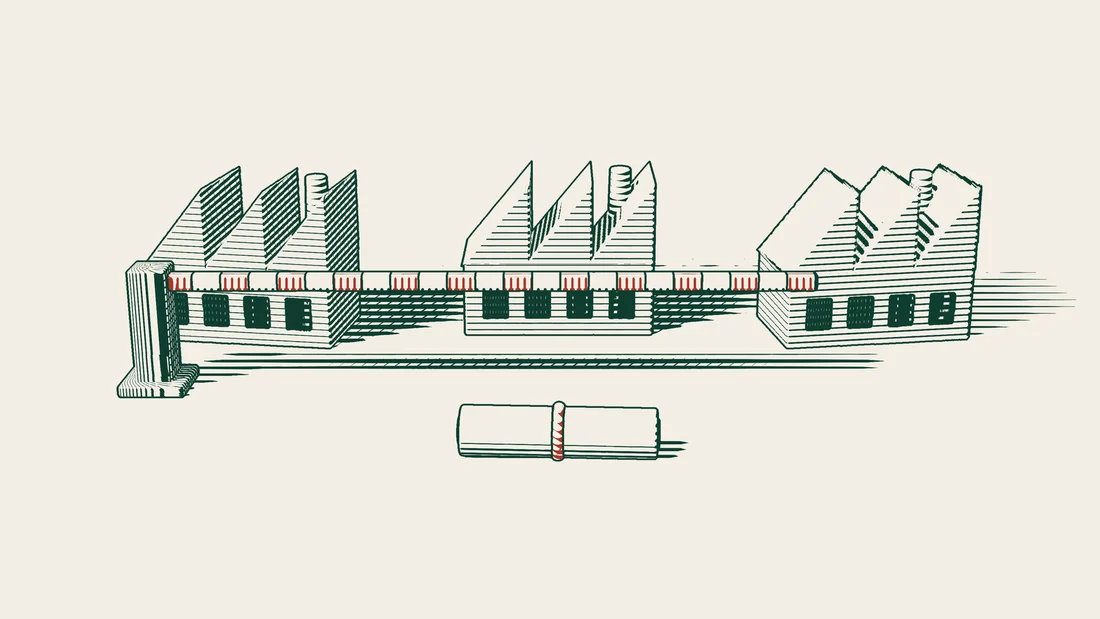 A long, closed barrier line running past three factories, with a rolled contract tied with a ribbon in the foreground.