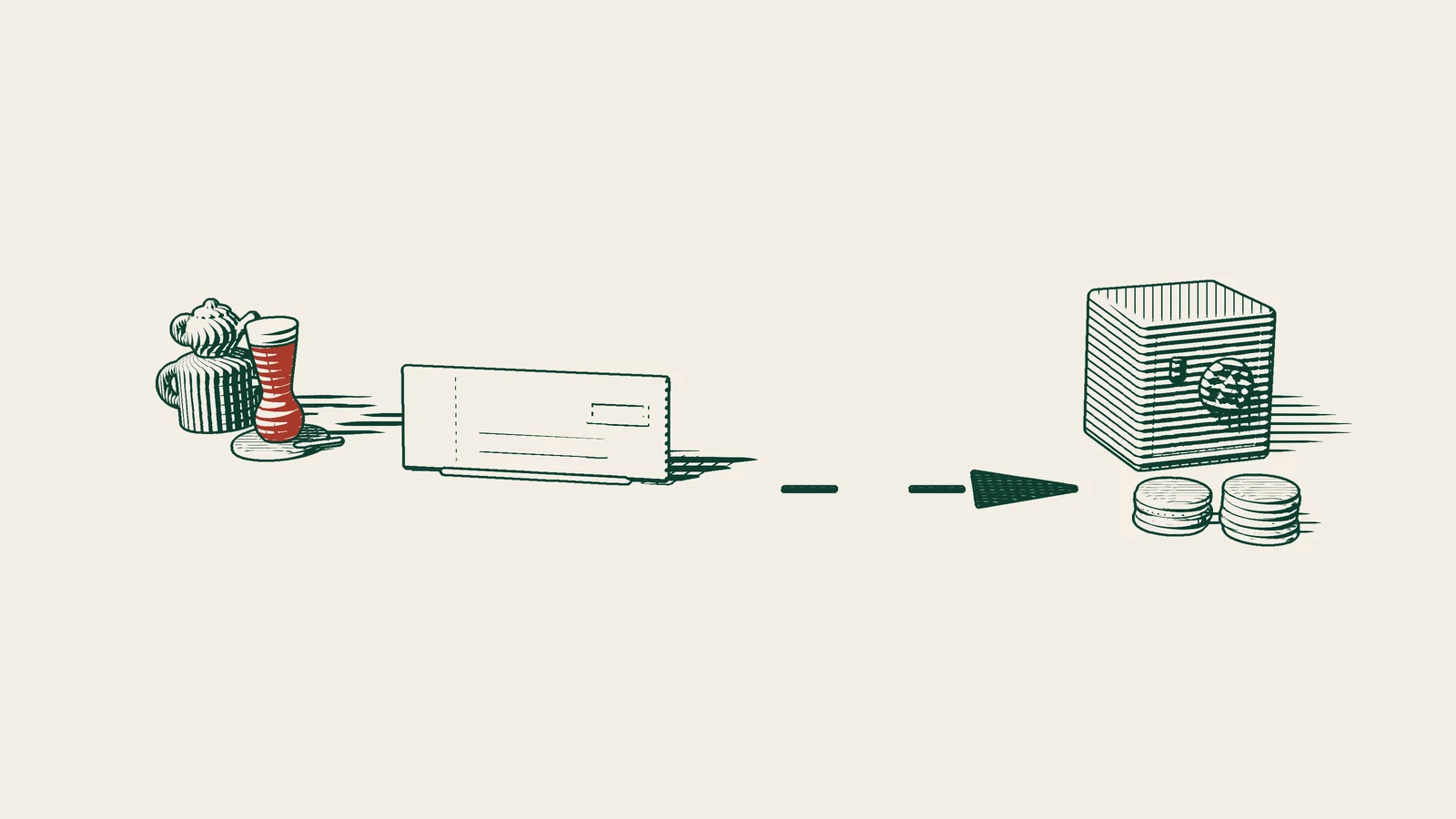 Engraving: a short, straight arrowed path from an upright blank note to a safe, with stacks of coins in front and a Turkish tea set.