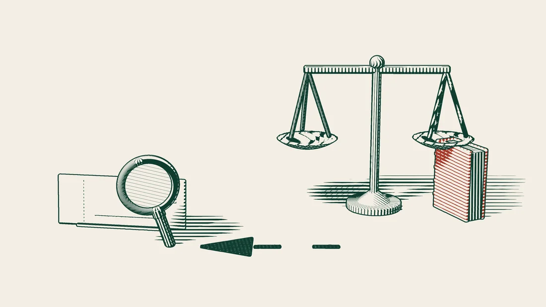 An upright blank note is examined through a magnifying glass, and the path from the note to court scales is turned back.