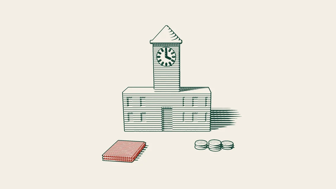 A town hall with a clock tower, with a stack of red unpaid invoices and three small stacks of coins in front of it.