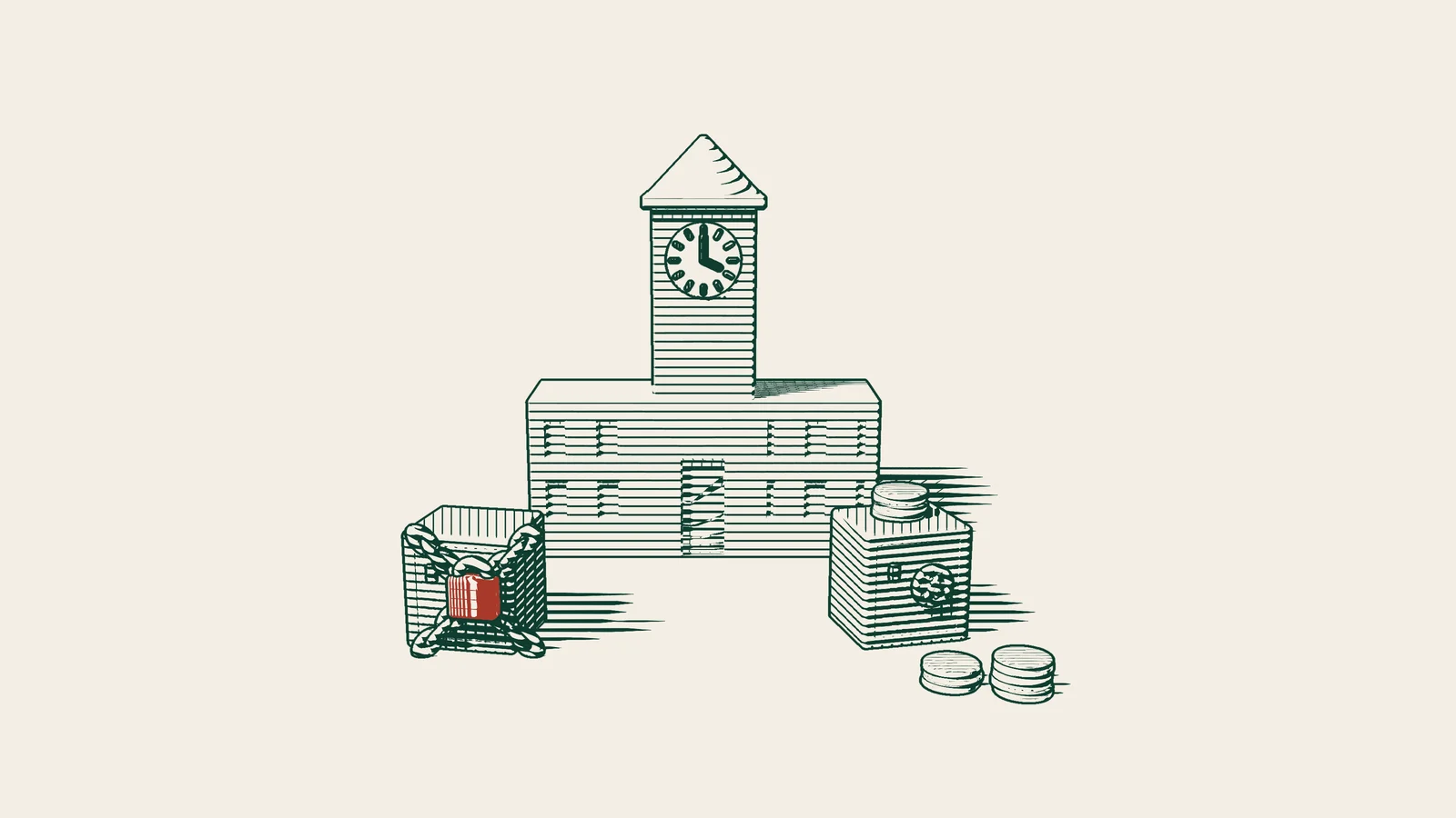Engraving: in front of a town hall with a clock tower, one safe is wrapped in crossed chains with a red padlock, while a second safe stands free with coin stacks on and beside it.