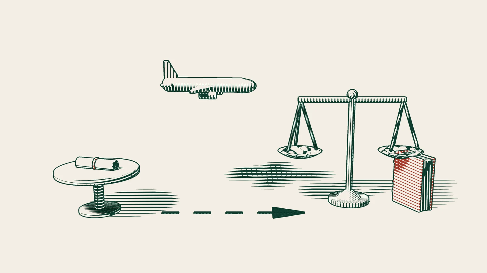 Engraving: a ribboned award scroll on a round table with an aeroplane above it, and a dashed arrow leading to scales and a red-bound book.