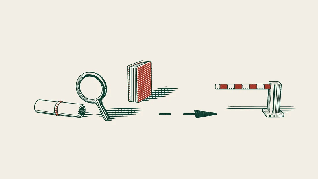 A ribboned scroll is examined with a magnifying glass in front of a red bound book, and an arrowed path from the scroll ends at a lowered barrier.