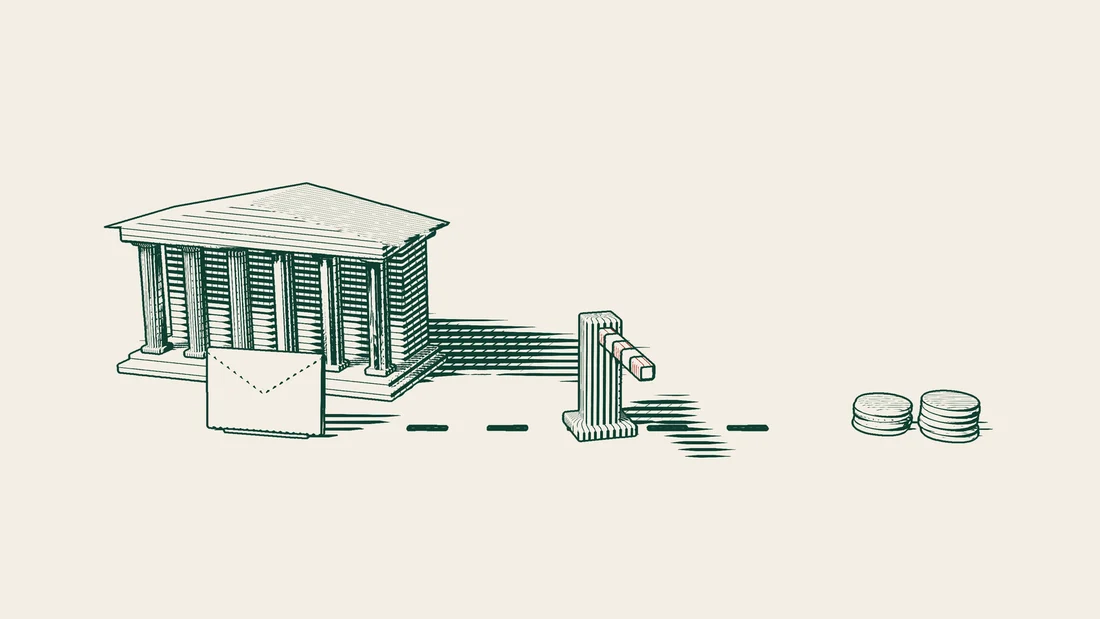 In front of a columned bank, a guarantee letter envelope sits at the start of a path to stacks of coins, blocked by a closed barrier.