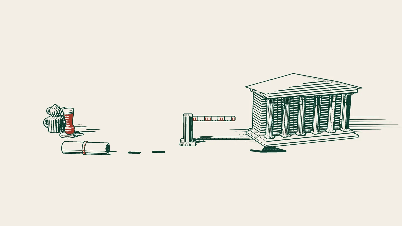 Engraving: the path from a ribboned guarantee letter to a columned bank building is blocked by a red-striped barrier, beside a Turkish tea set.