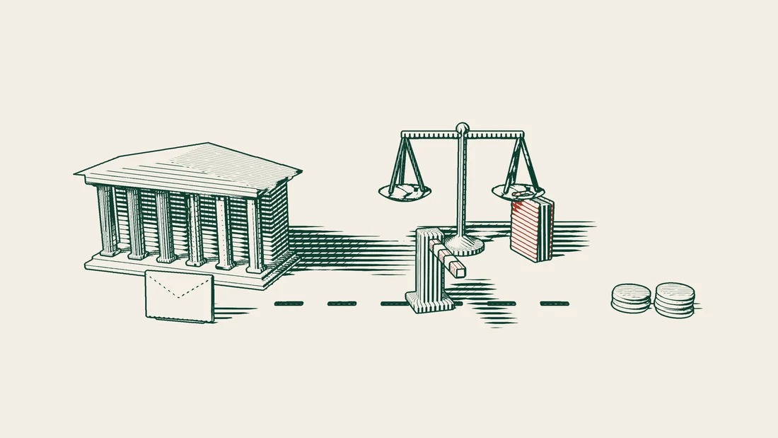 A closed barrier has come down across the path from a columned bank to stacks of coins, with scales, a red-bound book and a blank guarantee envelope.