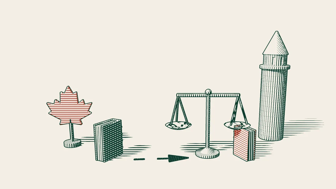 An arrowed path leads from a blank judgment book beside a red maple leaf to scales and a red-bound court book, with the cone-topped Galata Tower behind.