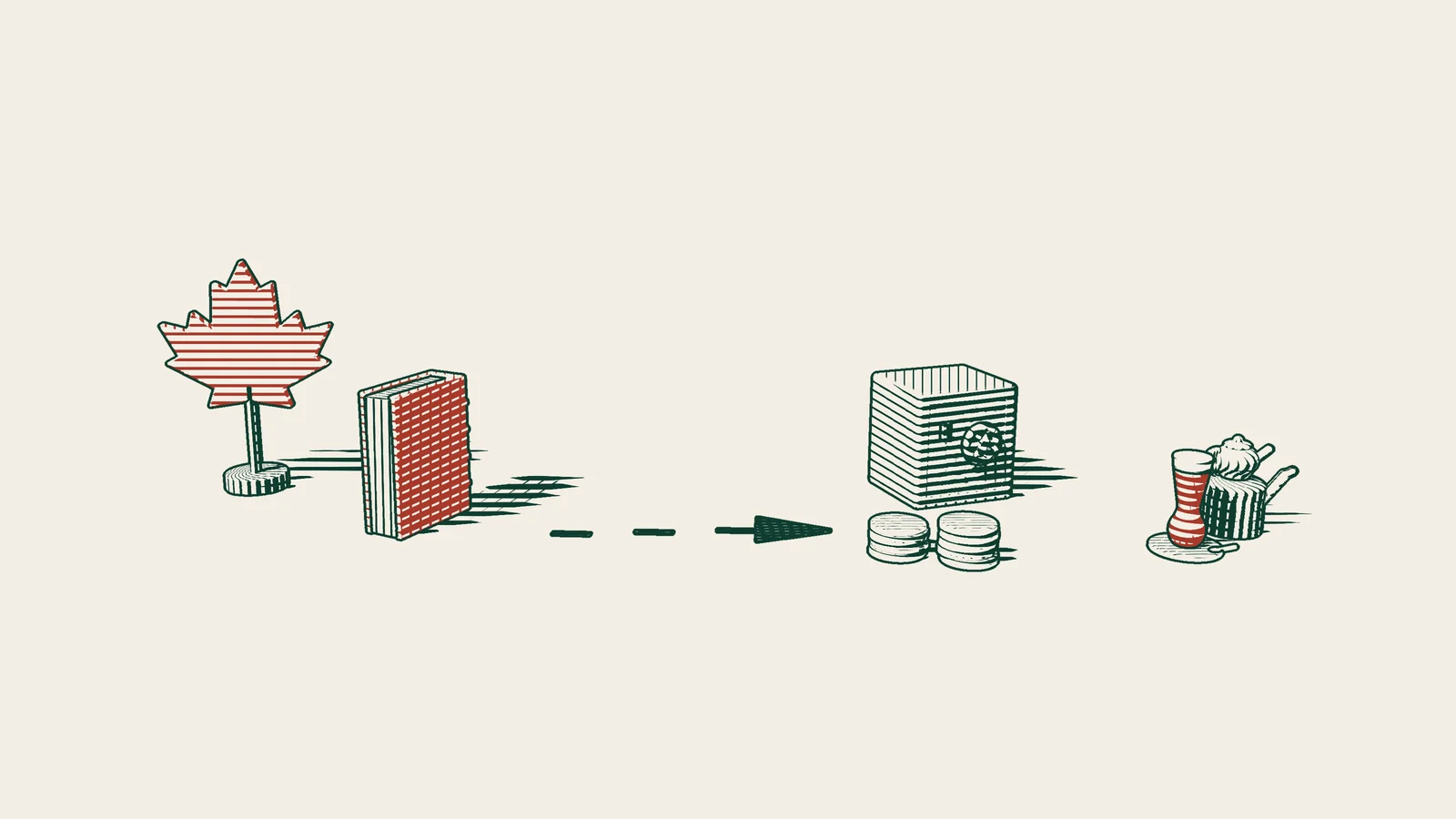 Engraving: an arrowed path runs from a red maple leaf for Canada and a red-bound judgment book to an open safe, stacks of money and a Turkish tea set.