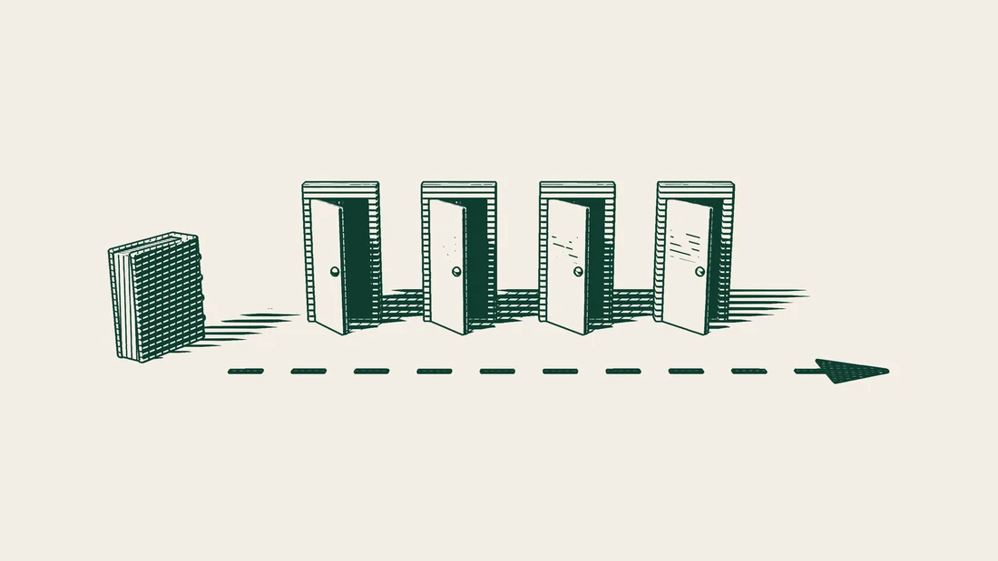A thick closed book on the left, four open doors standing in a row and a long dashed arrow passing in front of all of them.