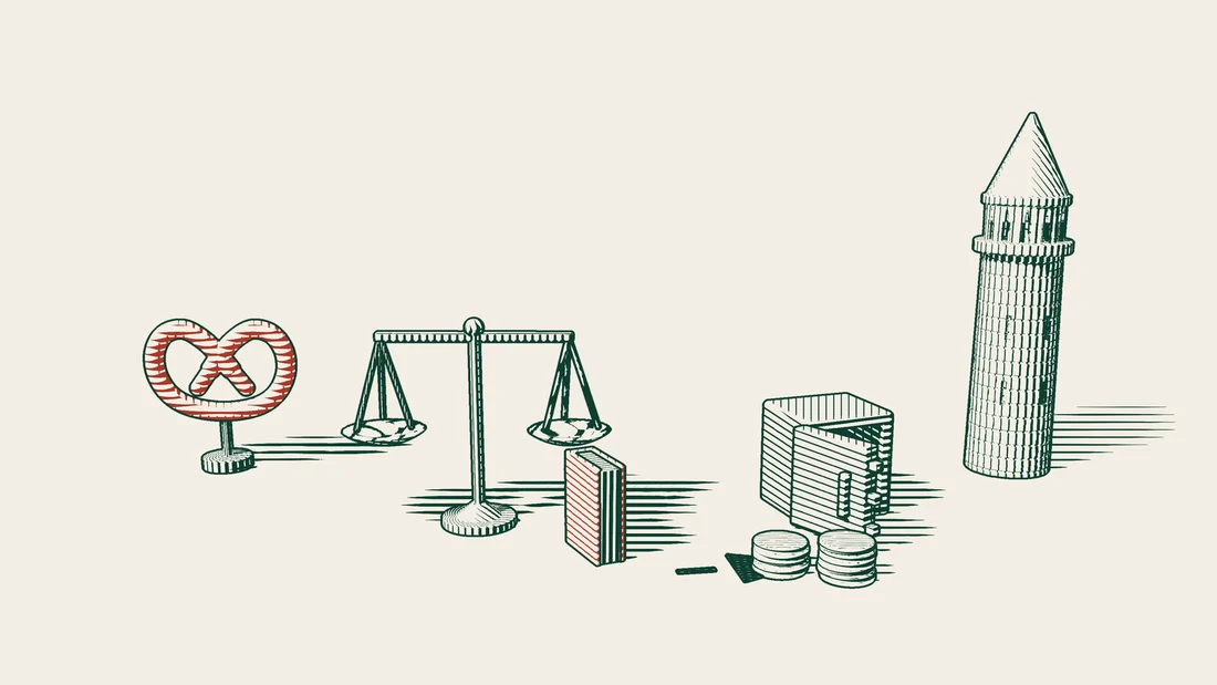 A red pretzel, a balance and a red-bound book, with a dashed arrow leading to an open safe and stacks of coins near an Istanbul stone tower.