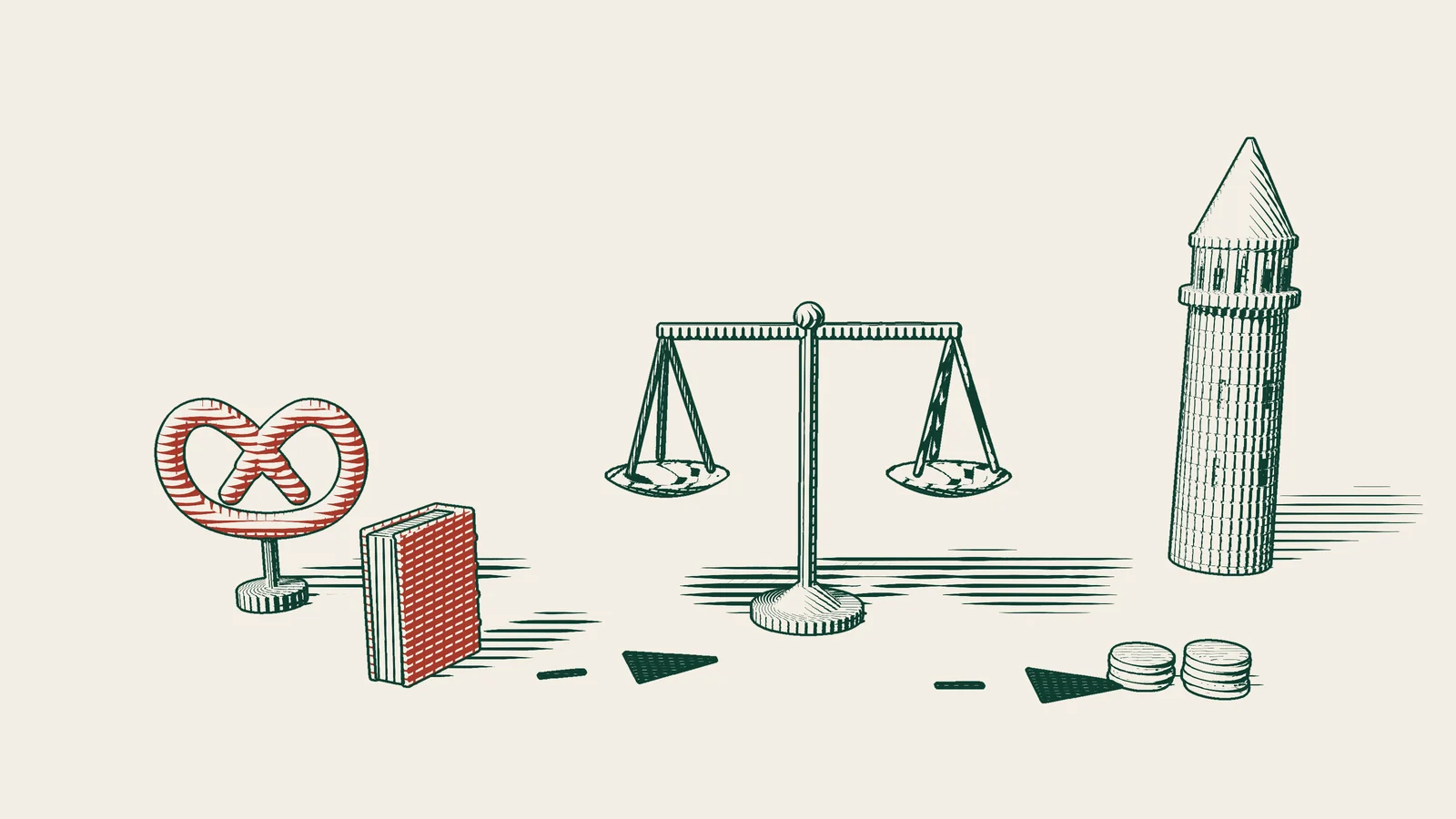 Engraving: a red-bound book beside a red pretzel, dashed arrows leading to a balance and then to stacks of coins, with an Istanbul stone tower behind.