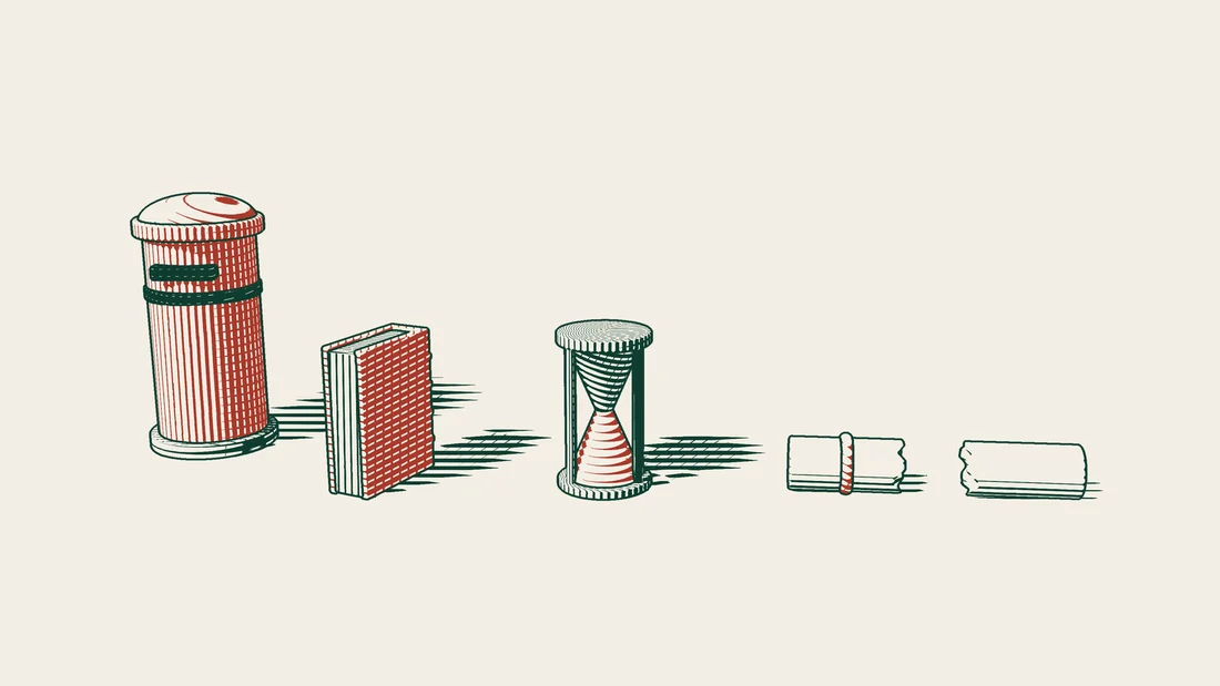 A red pillar box stands beside a sturdy upright red-bound judgment book, followed by an hourglass and a ribboned scroll torn through the middle.