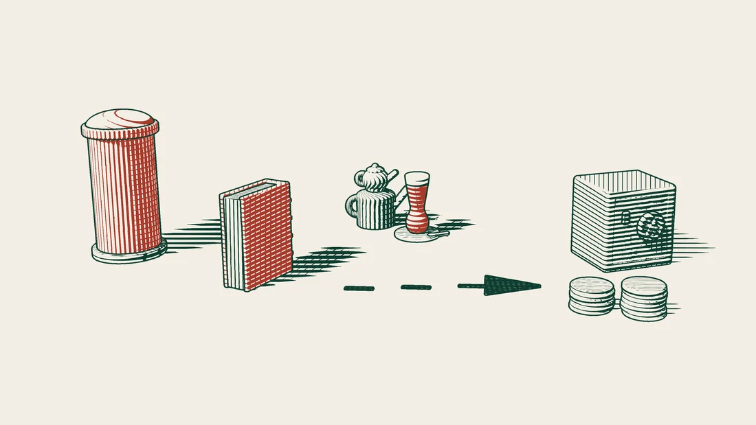 A red-bound judgment book leaves a red UK postbox and follows an arrowed path to an open safe with stacks of money in front.