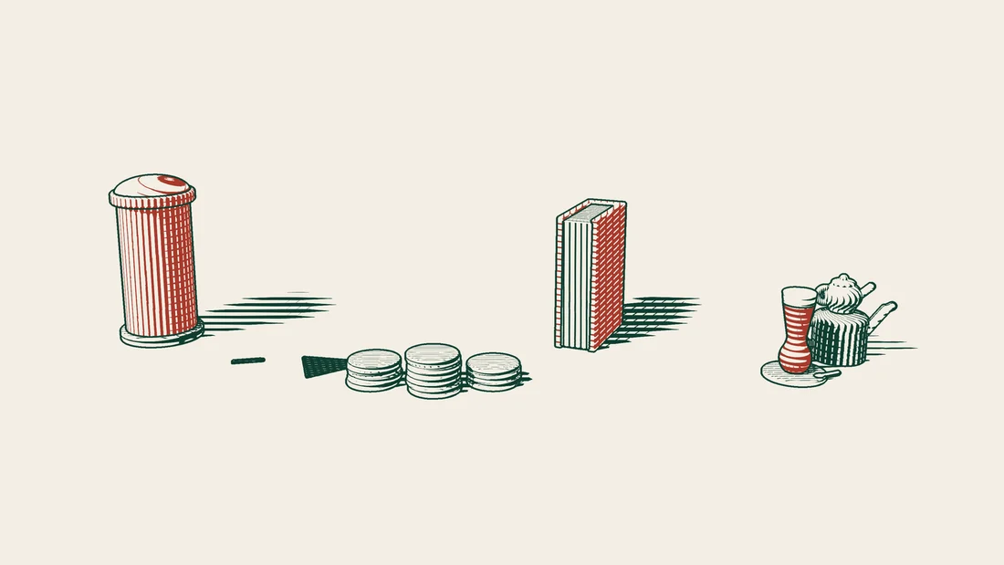 Stacks of money brought from beside a red UK postbox are placed in front of a red-bound court book.