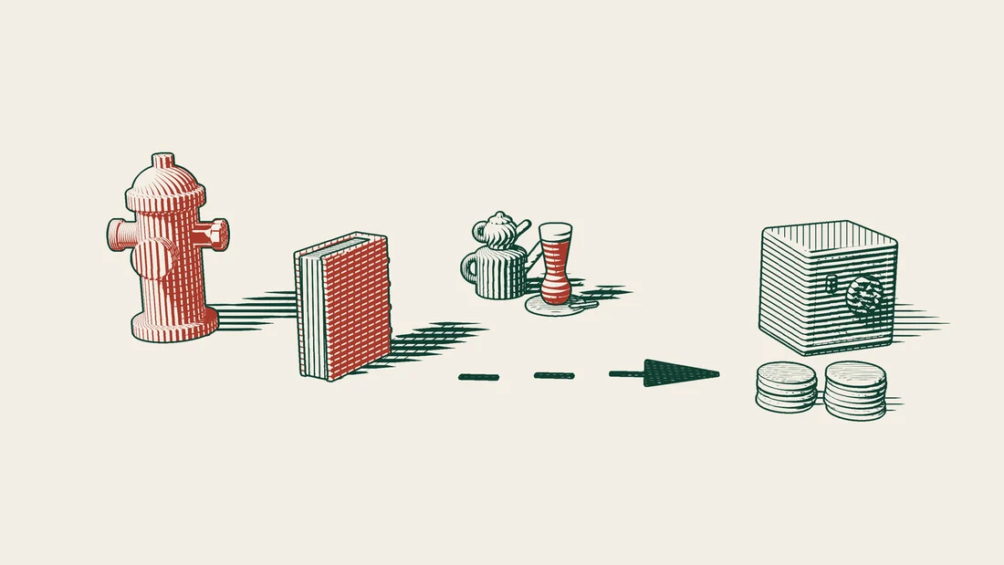 A red-bound judgment book moves from a red fire hydrant along an arrowed path to an open safe with stacks of coins in front.